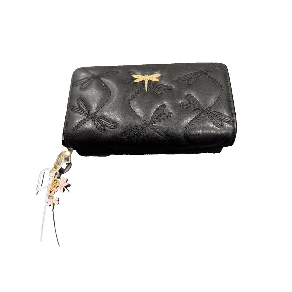 BLUSH KISS Black Dragonfly Double Zip-Around Wallet NWT